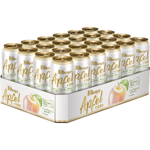 24 canettes de 0,5 L de cidre de pomme Bitburger alc.de 5,3% vol BBD: 8.5.24 Reduced