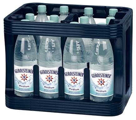 12 x Gerolsteiner Medium 1 litre d'eau minérale PET bouteille, boîte d'origine RÉUTILISABLE