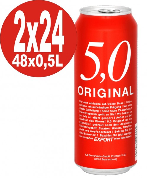 2 x 24x0,5L canettes 5.0 Exportation originale 5,2% Vol de bière en conserve jetable