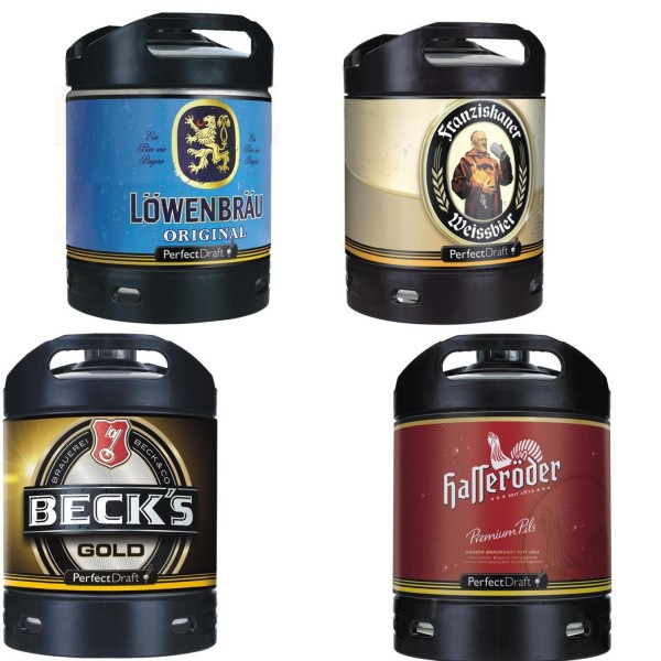 4x biere Perfect Draft différentes variétés 6 litres Alcool fût de bière Loewenbraeu, Hasseroeder, Franziskaner , Becks Gold