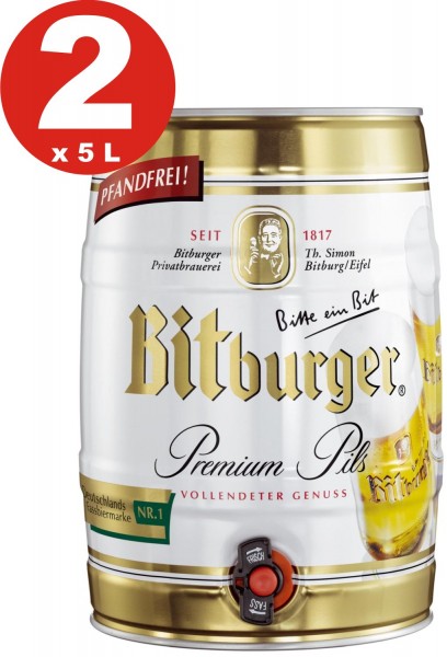 2 x Bitburger Pils premium 5 litres Fut de bière Allemande 4,8% vol