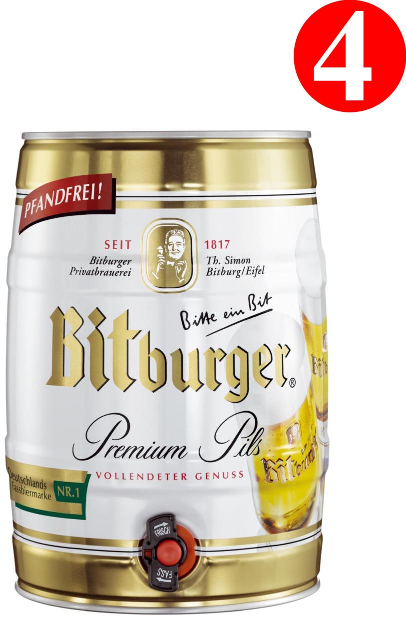 4x Bitburger premium PILS 5 litre Fut de biere