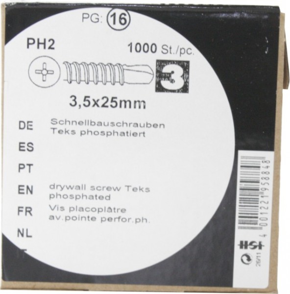 3, 5X25mm HW1000 vitesse phosphatés construction vis TEKS