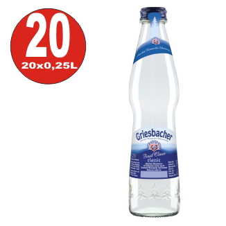 20 x eau minérale Griesbacher 0,25L Bouteille en verre de première classe dans son emballage d'origine MULTIWAY