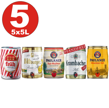 5 fûts de bière de 5 litres No: 2- Krombacher, Paulaner Hefe, Münch. lumineux, Kölsch précoce, Bitburger 4,8 -5%,