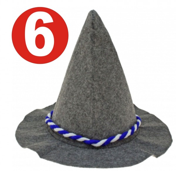 6 x Feutre lourd gris Seppelhut avec cordon bleu / blanc pour l'Oktoberfest 33 cm