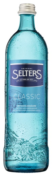 12 bouteilles en verre bleu Selters Original Classic 0,75 l, conditionnées dans un carton avec consigne réutilisable