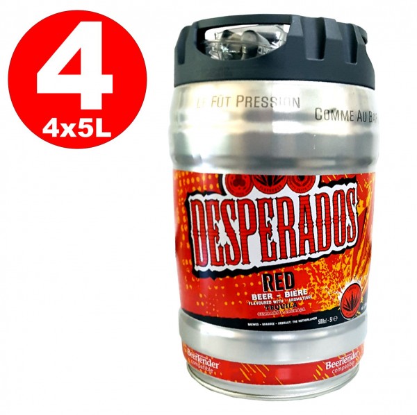 4 x Birra desperados rossa con tequila, guaranà, cachaca, barile di festa, barile da 5 litri, incluso 5,9% vol.