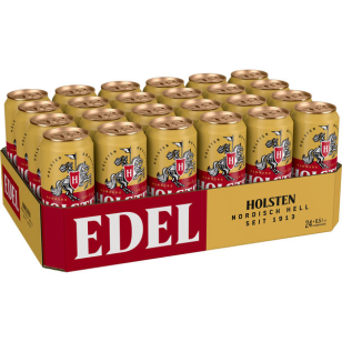 24 bidons de 0,5L de Holsten Edel Hellbier 4,8% vol. dépôt à sens unique Best before 18.2.24-REDUCED